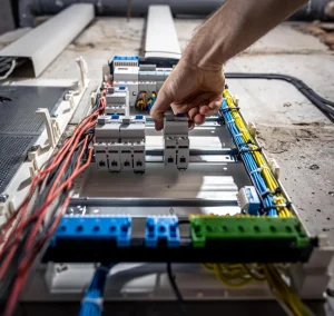 A male electrician works in a switchboard with an electrical connecting cable_11zon