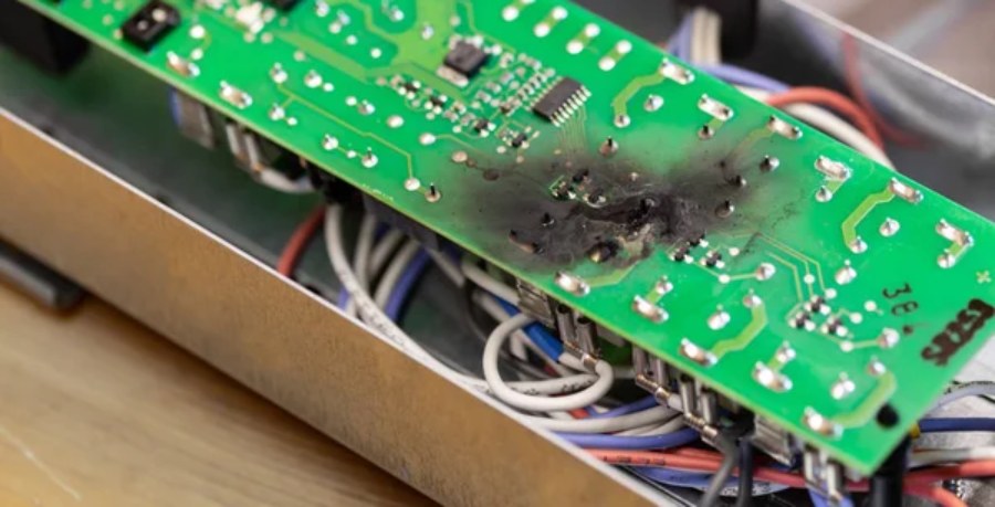 Damaged overheat control panel board emitting an electrical fire smell