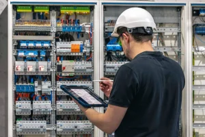 Man an electrical working in a switchboard with fuses uses a tablet_9_11zon