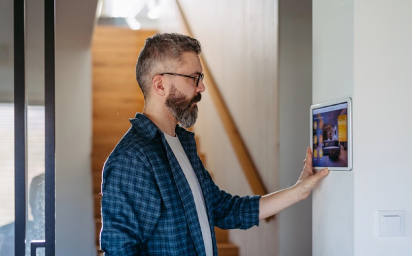 A man adjusting smart light settings using a control pad